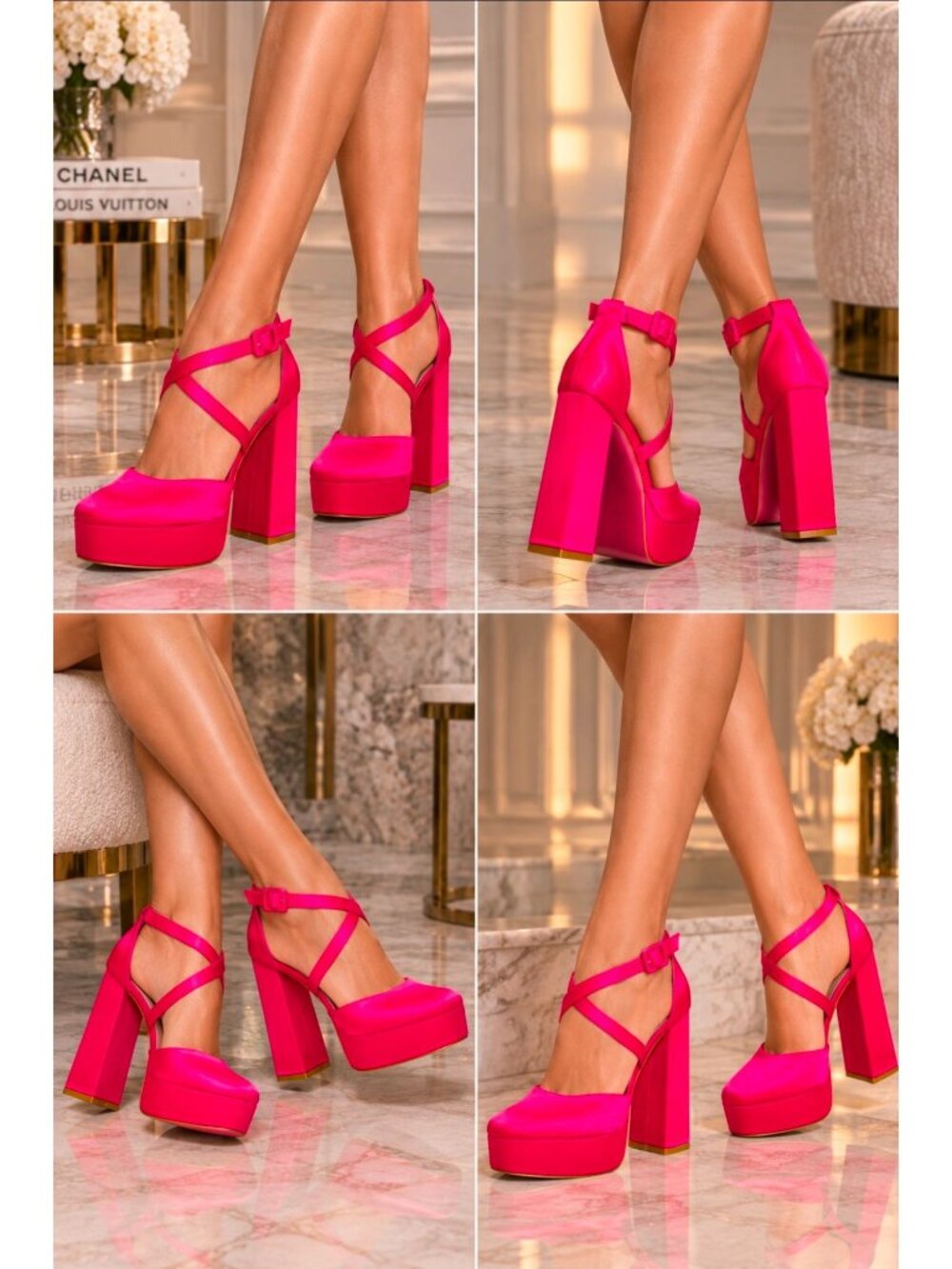 Fuchia Satin Platform Block Heel Pumps With Adjustable Straps Womens
